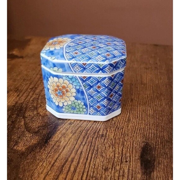 Ashibi Japan Porcelain Trinket Jewelry Box Lid Floral Blue White Vintage Small - Picture 2 of 11